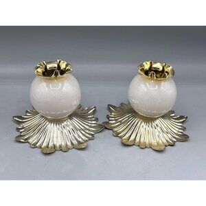 Vtg Lucite Ivory Globe Taper Candle Holders Gold Tone Pair
